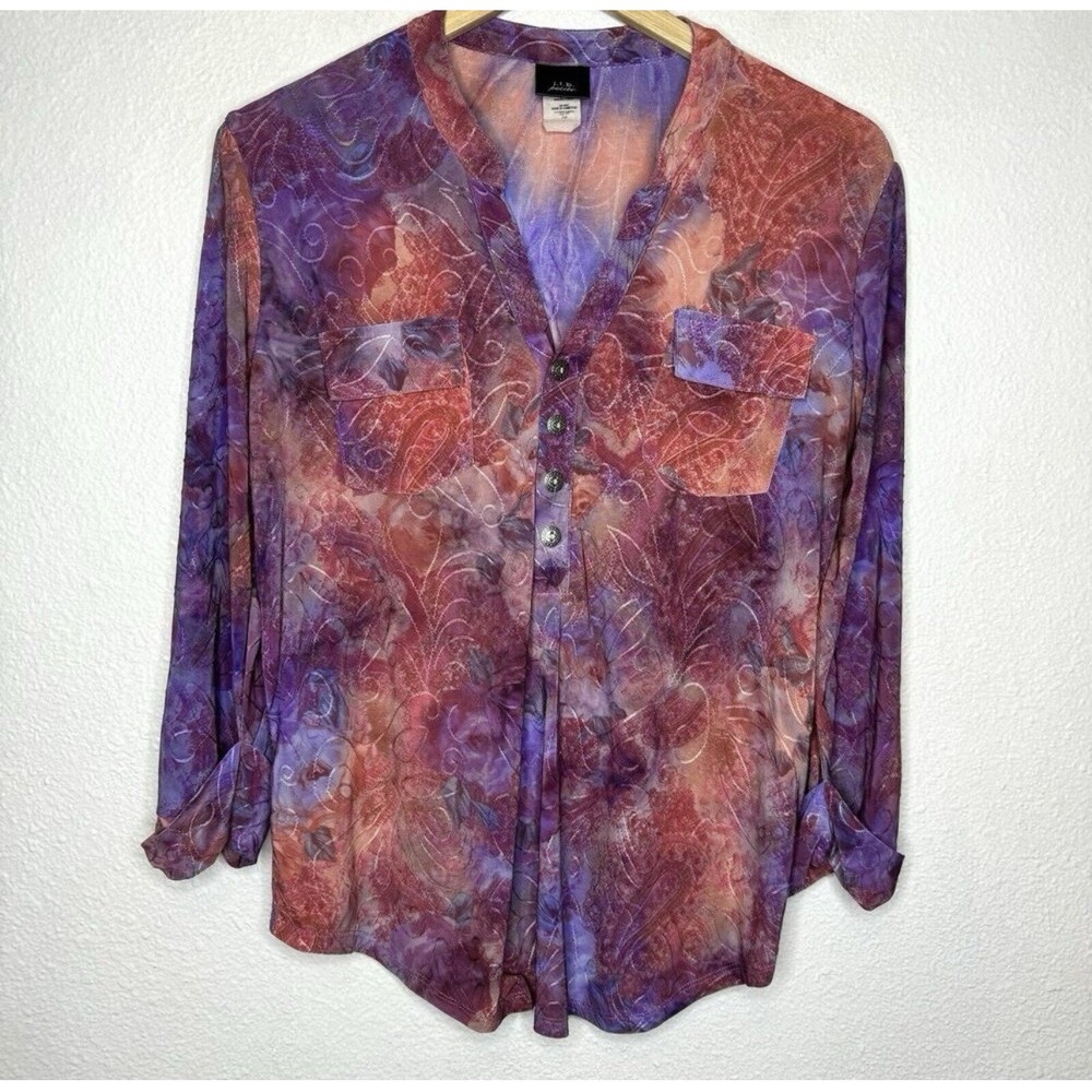 Y2K Embroidered Tie Dye Top Henley Womens Medium Petite Purple Pink Artsy Blouse